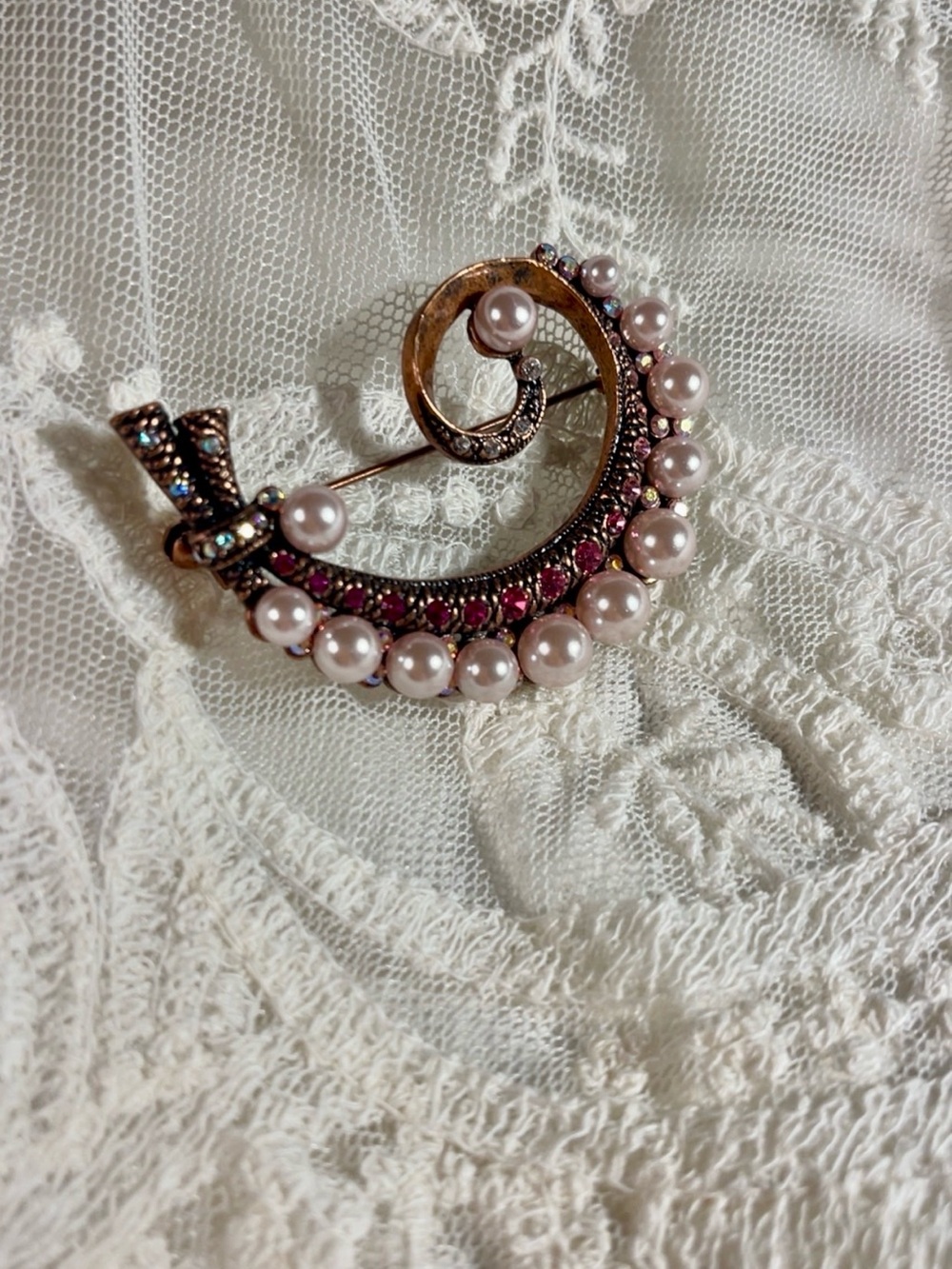 Delicate Pink Pearl and Rose Gold Crescent Brooch